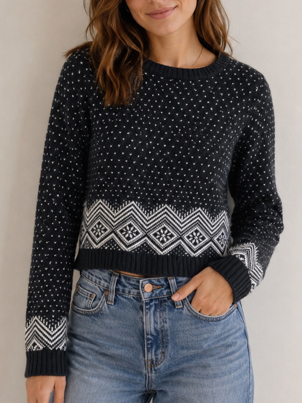 Pepe Jeans Dorris Wool Blend Nordic Fair Isle Crewneck Sweater Black White M